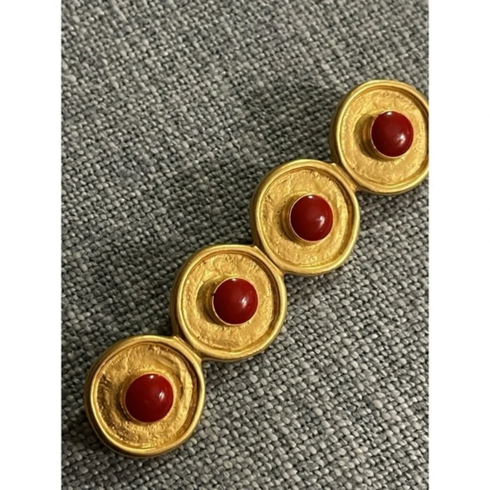 2 Vintage Enamel & Gold Tone Brooches Red Four Dot Bar, Black Circle Giant Pearl